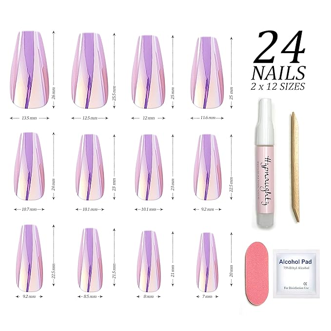 Hypnaughty 24 Pcs Party Star Chrome Coffin Medium Long Press On Nails and Glue Reflective Mirror False Nails (Party Star)