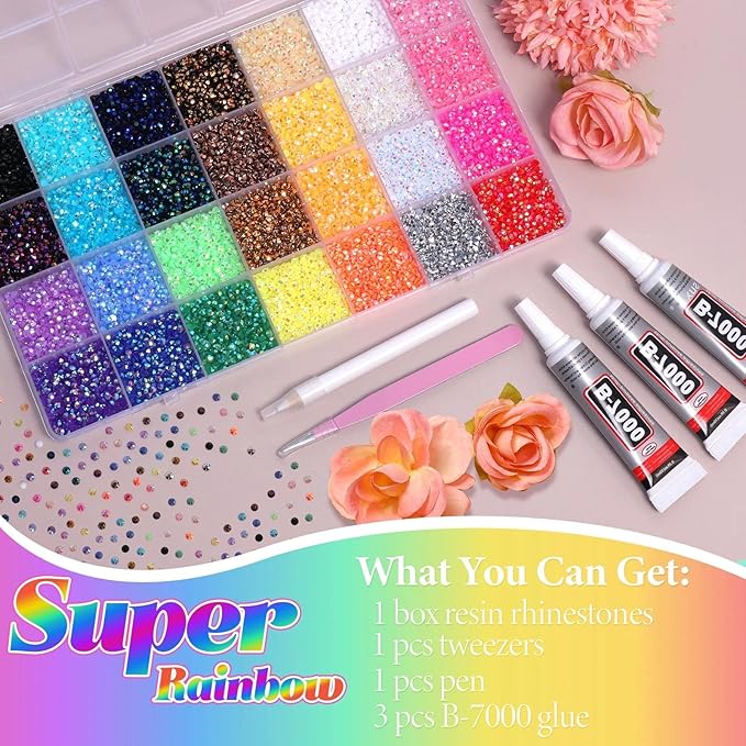 32000Pcs Rhinestones Bedazzling Kit with Tools, 3mm Color Resin Rhinestones for Bedazzling, Flatback Resin Gems for Crafts, Bedazzler Kit for Clothing Shoes DIY Face Makeup Tumblers