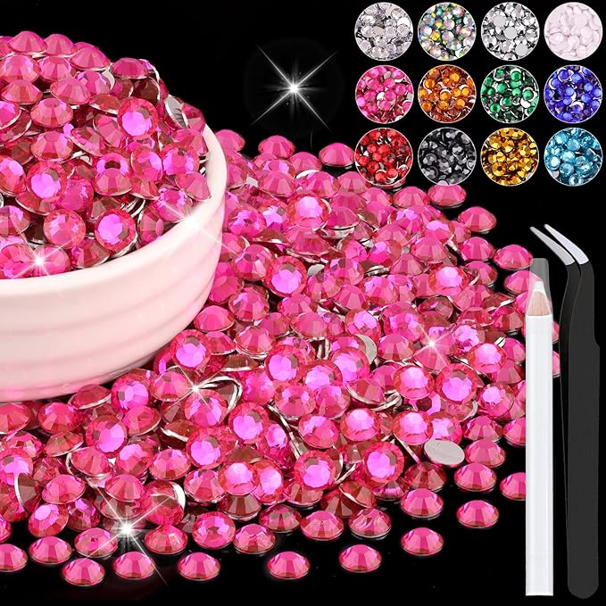 1500PCS 6mm Resin Rhinestones Bulk for Crafting (Hot Pink), Flatback Bedazzling Crystals for Crafts DIY Nail Decoration, Gems Charms for Tumbler Shoes Clothing Fabric with Pickup Pen and Tweezers