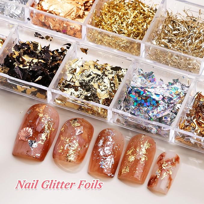15 Boxes Nail Rhinestones Gems Kit,Gold/Silver Metal Studs,Mixed Sizes Flatback Crystals Rhinestones,Half Pearls,Sequins,Foil Flakes with Tweezers & Dotting Tools for DIY Manicure