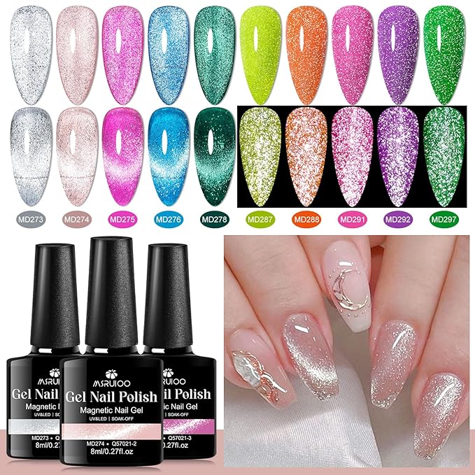 12Pcs Glitter Cat Eye Gel Nail Polish, Magnetic Cat Eye Gel Polish Set with Magnet + Reflective Glitter Gel Polish Set Christmas Manicure Kit 10 Colors