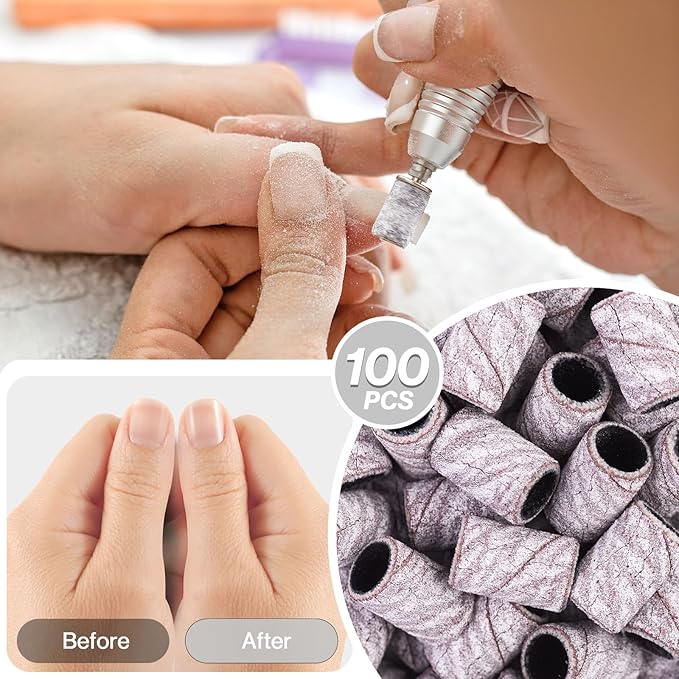 MelodySusie 100 Pcs Nail Drill Bits Sanding Bands for Nail Drill 180 Fine Grit Nail File Sanding Bands for Acrylic Nails Gel Manicures and Pedicure