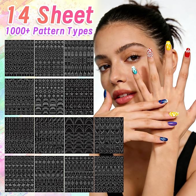 Nail Art Stencils Pens, 12 Nail Art Pens Markers + 14 Sheets Nail Stencils Cute Heart Butterfly Flowers Star Nail Stickers for Women Girl, Flexible Brush Tip, Bright Colors, DIY Nails Art Design Tools
