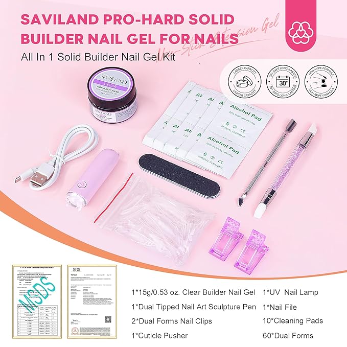 SAVILAND PRO-Hard Solid Builder Nail Gel for Nails: 2026 Ultra-Strength | Non-Sticky | Clear 3D Nail Gel with U V Lamp for 3D Nail Carving Emboss & Fast Extension Professional Use Salon