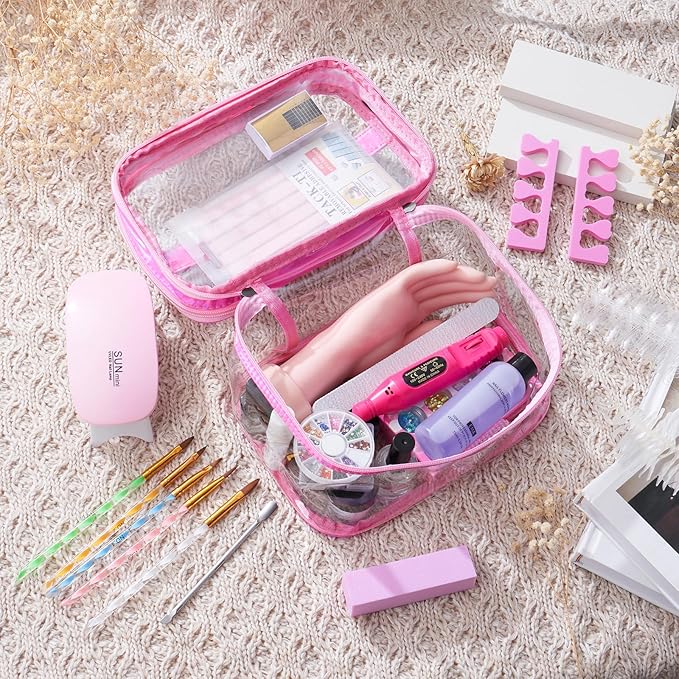 Nail Kit for Beginners with Everything: Practice Nail Hand Acrylic Set Professional Powder Liquid Starter Kits with Drill U/V Lamp in Cosmetic Gift Bag for Salon Home (Sparkling Pink)