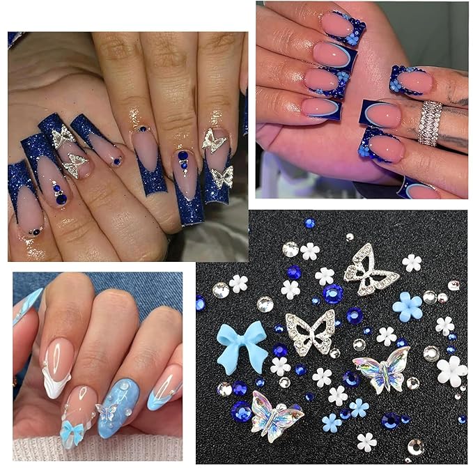 4 Boxes Blue Nail Gems Bow Flower Nail Charms for Acrylics - Irregular Crystals, Nails Rhinestone & Accessories for Women Nails Art Design Nails Decor(Blue)