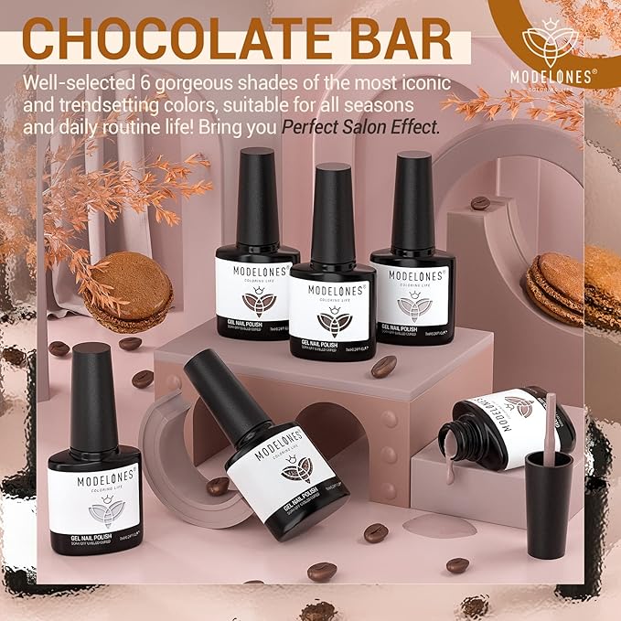 modelones Gel Nail Polish Set- 6 Colors Chocolate Brown Coffee Gel Polish Kit Brown Nude Glitter Nail Kit Soak Off Popular Nail Art Gifts for Women DIY Manicure Home