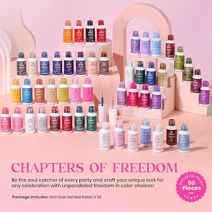 Beetles Gel Liner Nail Polish Set 50 Colors French Tip Nail Art Polish Glitter Brown Purple Blue Gel Nails White Pink Swirl Nails Painted Cat Eye Build in Thin Brush Gift for Women