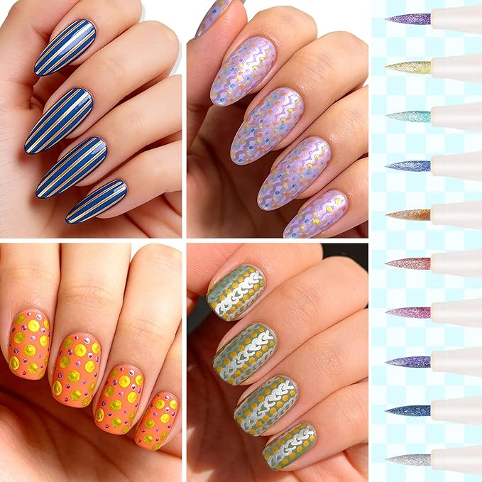 12 Colors Metallic Nail Art Pens Set, 0.5mm Nail Polish Pens Acrylic Paint Markers for Nails, Quick-Drying Glitter Nail Polish Pens for 3D Drawing, DIY Manicure Tools for Home & Salon