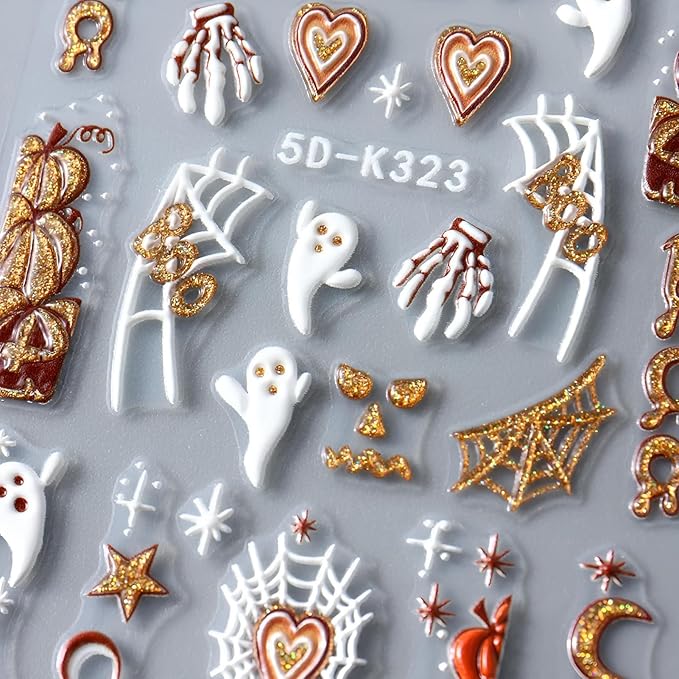 5D Halloween Nail Stickers Embossed Nail Art Decals Cute Ghost Pumpkin Stars Moon Clown Spooky Hand Skeleton Fall Design Self-Adhesive Supplies DIY Holiday Manicure Decoration for Women 4 Sheets