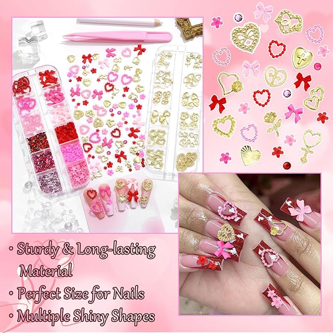 BELICEY Valentines Red Pink Hearts Nail Charms Gold Metal Heart Nails Art Charm Resin Bow Flower Flatback Nail Rhinestone and Gems Nails Jewels DIY Manicure Jewelry for Women Accessories Supplies
