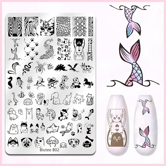 Biutee 4PCS Nail Stamping Plates Set, Includes Nail Art Stamper & Scraper - French Line Lace, Space, Animal, Flower, Leaf Designs - Large Nail Art Stencils Templates for DIY Manicure