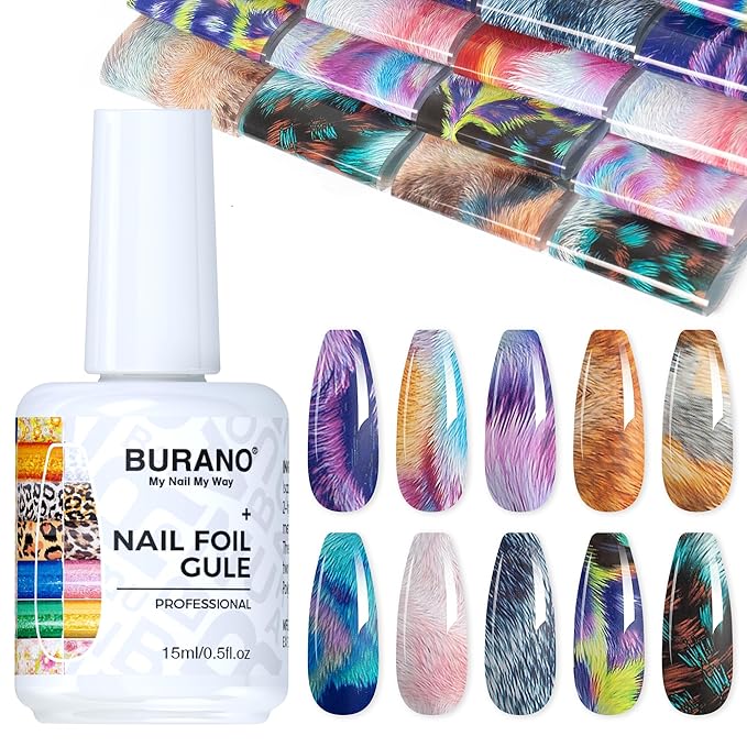 BURANO Nail Art Nail Foil Glue Gel, o.5 oz with 10PCS Foil Stickers Set Nail Foil Glue for Nails Foil Transfer Gel, Nail Design DIY UV LED Lamp Required (Mable 26)