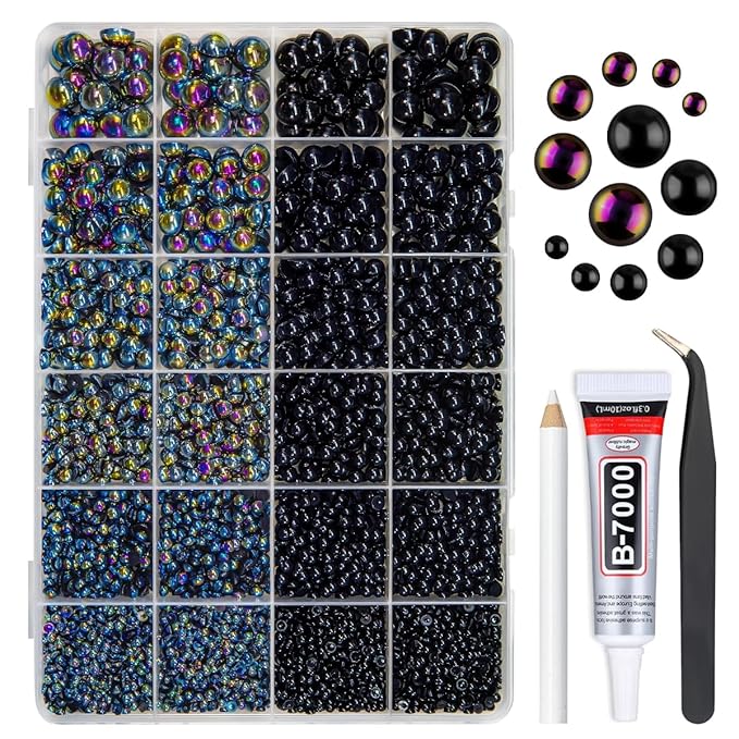 2 Styles Solid Black +Black AB Flatback Pearls w B7000 Glue for Bedazzling Crafting 3mm-10mm Half Round Beads Gems Bedazzler Kit for Nails Face Eyes Makeup Tumblers Bottles Crafts Shoes Phones