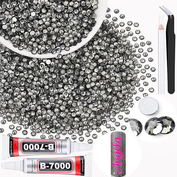 5000PCS SS6/2mm Crystal Rhinestones (Black Diamond) with 2Pcs 10ml B7000 Jewelry Glue, Bedazzling Flatback Glass Rhinestones for Crafting, Gems Diomand Charms for Tumbler Shoes Clothing Mugs Nail Art