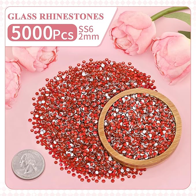 5000PCS SS6/2mm Crystal Rhinestones (Light Red/Light Siam), Bedazzling Flatback Glass Rhinestones for Crafting, Gems Diomand for Tumbler Shoes Clothing Mugs Nail Art