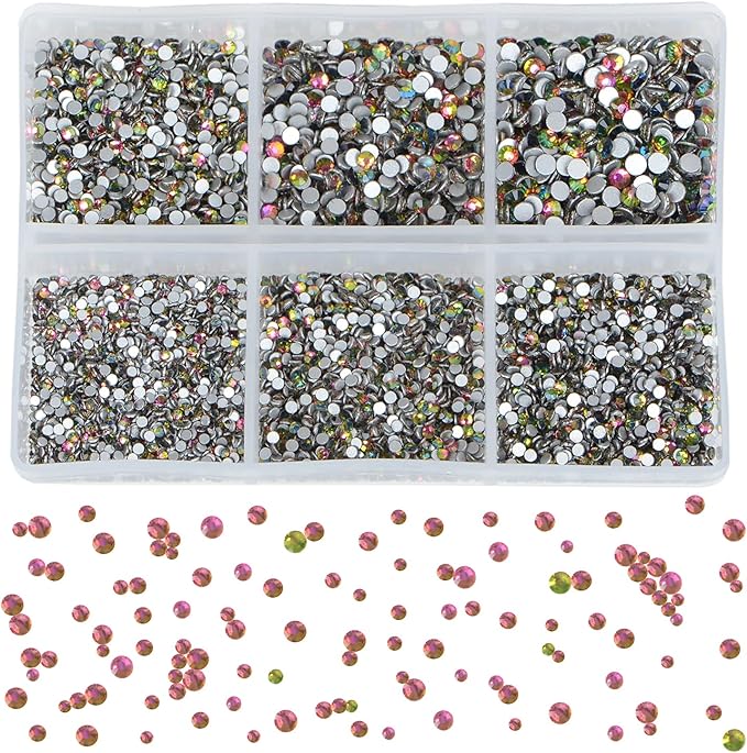 Bymitel 7200 Pieces 6 Mixed Sizes Glue Fix on Glass Rhinestones Round Crystal Gems Flatback for DIY Jewelry Making with one Picking Pen(6-Sizes 7200PCS, Vitrail Medium)