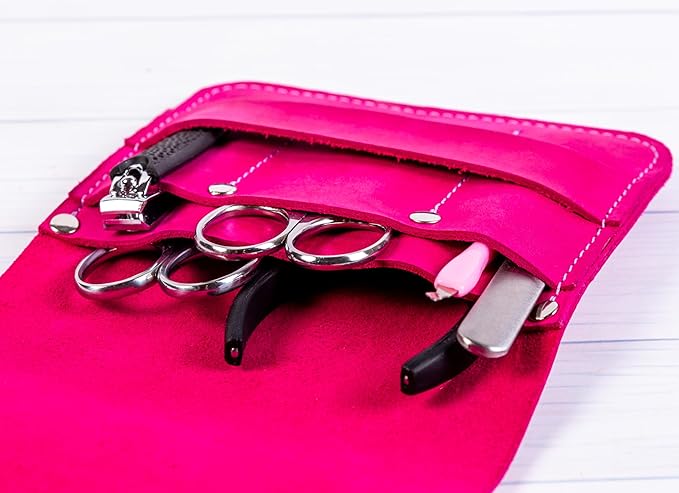 Leather Manicure Set Case Grooming Kit Organizer (Fuchsia)