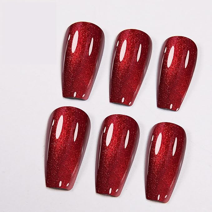 24 Pieces Handmade Red Cat Eye Press On Nails Long Coffin Fake Nails Handmade with Toughened Sealer High Texture High Gloss Fake Nails