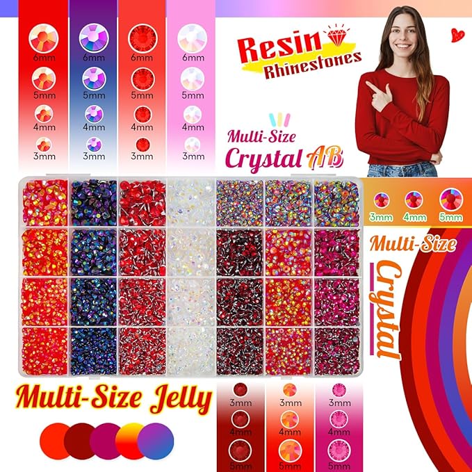 28 Types Red Jelly Resin Rhinestones w B7000 Jewelry Glue for Bedazzling Crafting 3mm-6mm Flatback Colorful Ruby AB Stones Gems Diamonds for Nails Face Makeup Crafts Tumblers Bottles Clothes