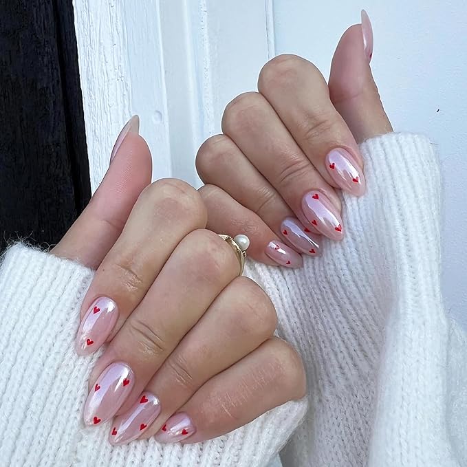 Pearlescent Press on Nails Medium, Glazed Nude Pink with Red Heart Fake Nails Almond Chrome Acrylic Press Ons for Women, Natural Fit Full Cover Glue on Nails in 12 Sizes - 24 Pieces Nail Kit