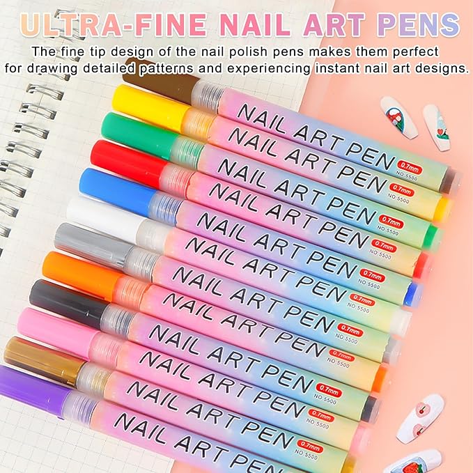 Nail Art Pens Set 3D Nail Polish Pens Acrylic Paint Nail Drawing Liner Graffiti Dotting Nail Art Pen Kit Tools for Professional Nail Art Design(12 Colors)