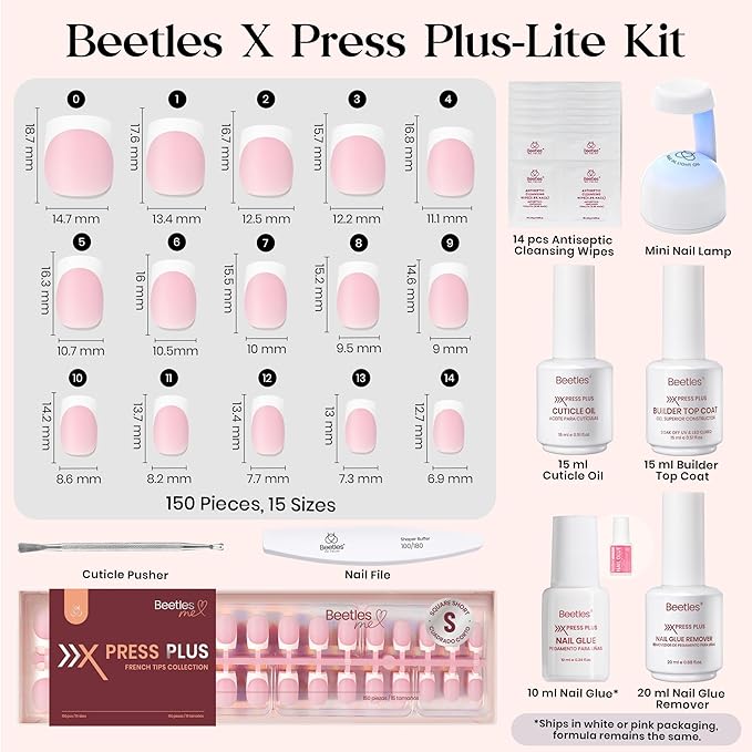 Beetles X Press Plus Gel Nails Kit - Glow French | Pink Short Square French Tip Press On Nails | 150Pcs 15 Sizes All-in-One Kit With Nail Glue,Remover,Builder Top Coat,Nail Lamp Gift For Women