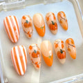 30Pcs Fall Press on Nails Medium Almond French Tip Fake Nails Maple Leaf Pumpkin False Nails with 3D Pearl Design Thanksgiving Orange Glossy Artificial Stick on Nail Full Cover Glue on Nails for Women