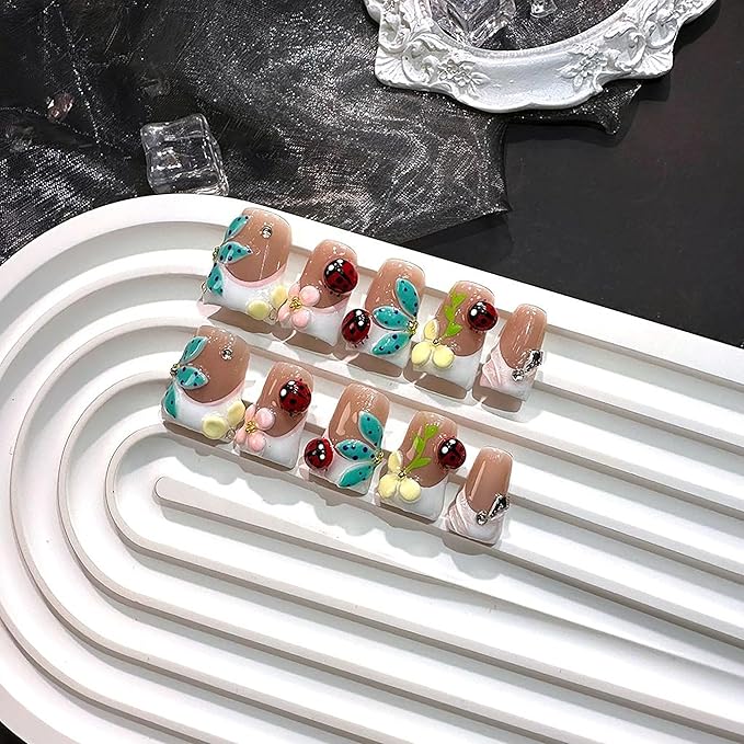 10Pcs Luxury Press on Nails Short Duck Handmade Fake Nails 3D Flower and Rhinestone Design 100% Handmade False Nails with Glue Sparkly French Tip Stick on Nail for Women (Size M)