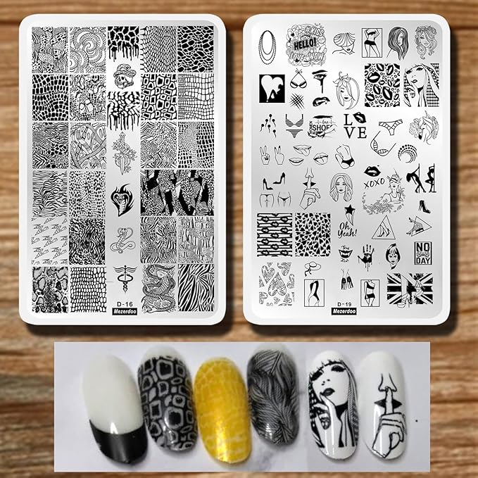 2Pcs Sexy Girl Love Image Nail Stamping Plates Kit Leopard Snake Skin Design Nail Stamp Plates Templates Heart Lip Heel Palm Mouth Printing Nail Stamper Plate Stencil Accessories Tools for Nails Art
