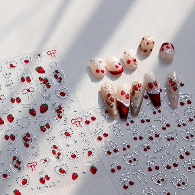 Cherry Nail Sticker Strawberry Nail Decals Silver Nails Art Stickers with Jerry Design 5D Embossed Fruit Nail Art Decal for Women Girls Kid Spring Summer Manicure Supply Decoration Accessories