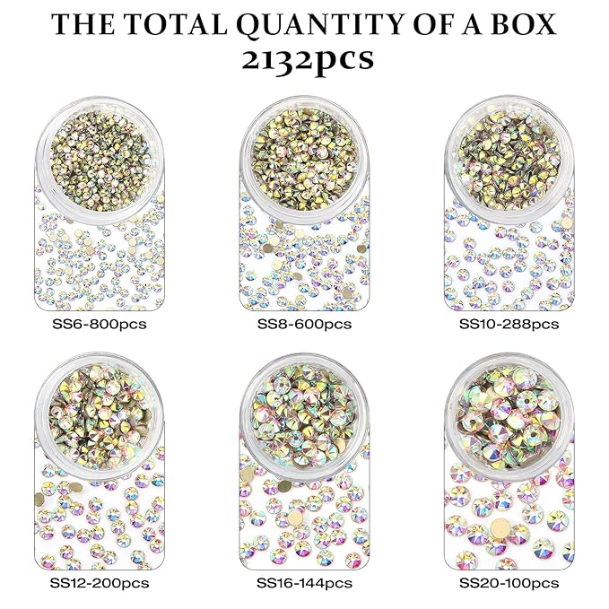 Novani Crystal AB Rhinestones Flat Back Round Rhinestone Style 2088 Sparkly Crystal Gemstones for Makeup Nail Art Crafting,Mixed Small Size(SS6-SS20)