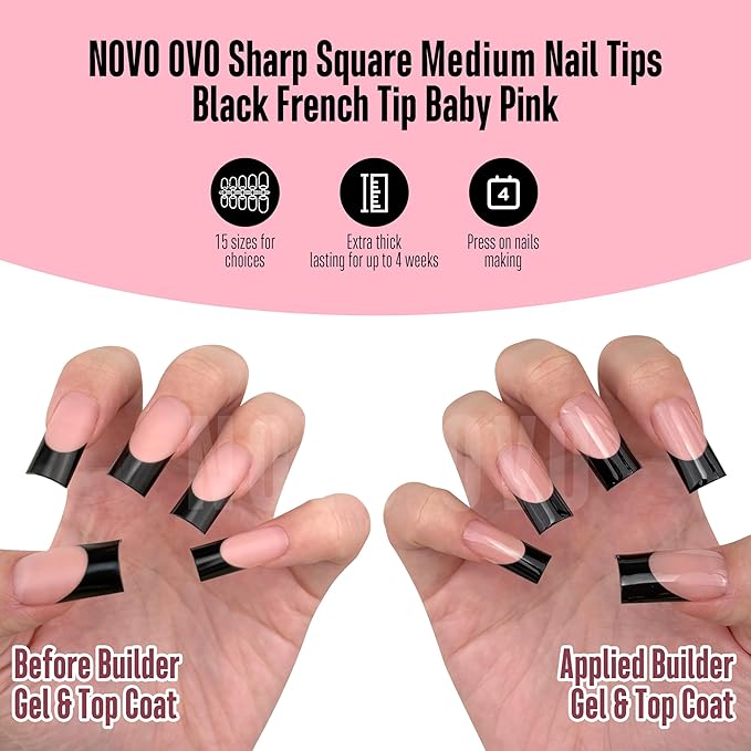 NOVO OVO Soft Gel Nail Tips Square Medium - Black French Tip on Baby Pink Base, 180Pcs Full Cover False Nails for Gel X Extension, Sharp Shape Pre-Designed Press on Nails for DIY Home Salon (15 Sizes)
