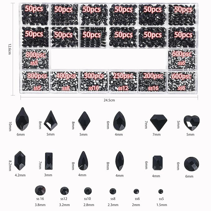 HNUIX Nail Rhinestones - 4550pcs Crystals Black, Multiple Shape Gems, Flatback Rhinestones, with Kit and Glue Gel, for Nail Art