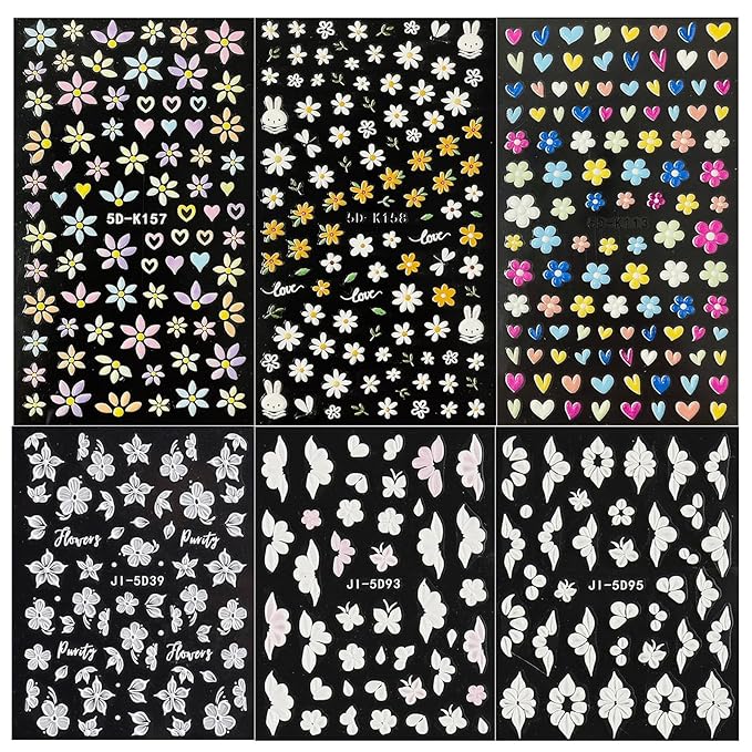 6 Sheets Flower Nail Art Stickers Decals 5D Embossed Nail Decals Spring Summer Self-Adhesive Nails Accessories 3D Flowers Decal for Women Nails Design Decoration