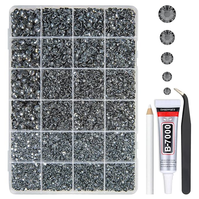 Gray Crystal Resin Rhinestones w B7000 Glue for Bedazzling Crafting 2mm-6mm Dark Grey Flatback Stones Diamonds Crystals Gems Bedazzler Kit for Nails Face Eyes Makeup Tumblers Bottles Crafts
