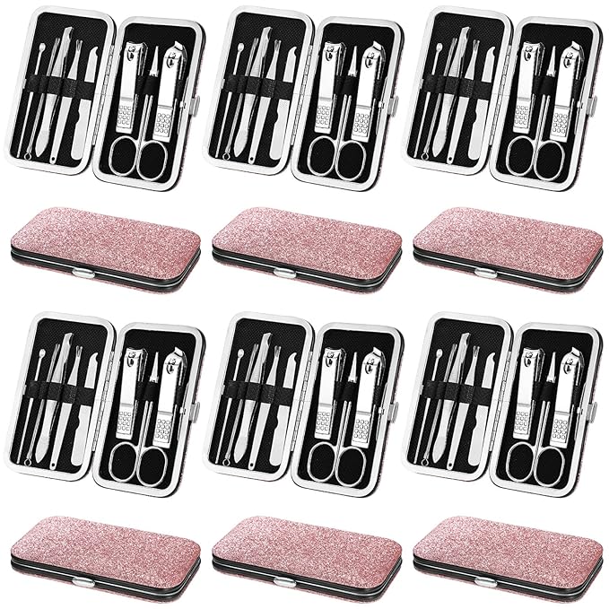 Geosar 12 Sets Manicure Set Nail Clippers Pedicure Kit 8 in 1 Grooming Stainless Steel Kits Nail Care Tools with Travel Case for Employee Coworker Teachers Nurse Gifts(Glitter Pink)