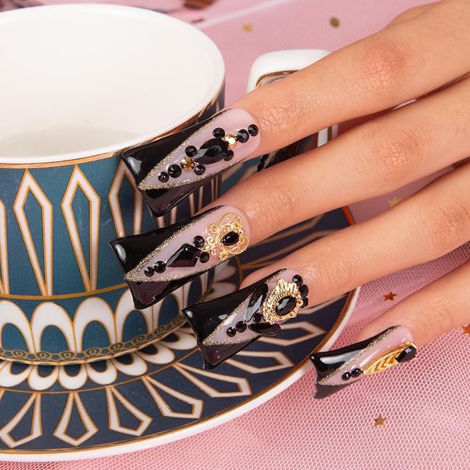 LOVFUL Press on Nails Obsidian Palace Black French Tip | Handmade with Full Covered Crystals | Reusable Fake Nails | Duck Classic Regular 1.3 in | H165-M