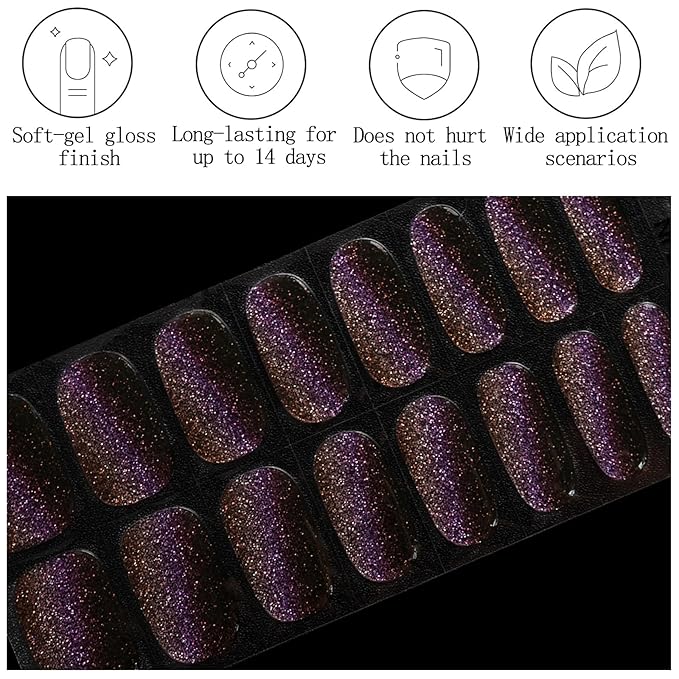 16Pcs Semi Cured Gel Nail Strips Purple Gel Nail Stickers UV/LED Light Needed Full Glitter Nails Wraps Glossy Nails Polish Strips for Women Includes Prep Pads, File, Wooden Cuticle Stick