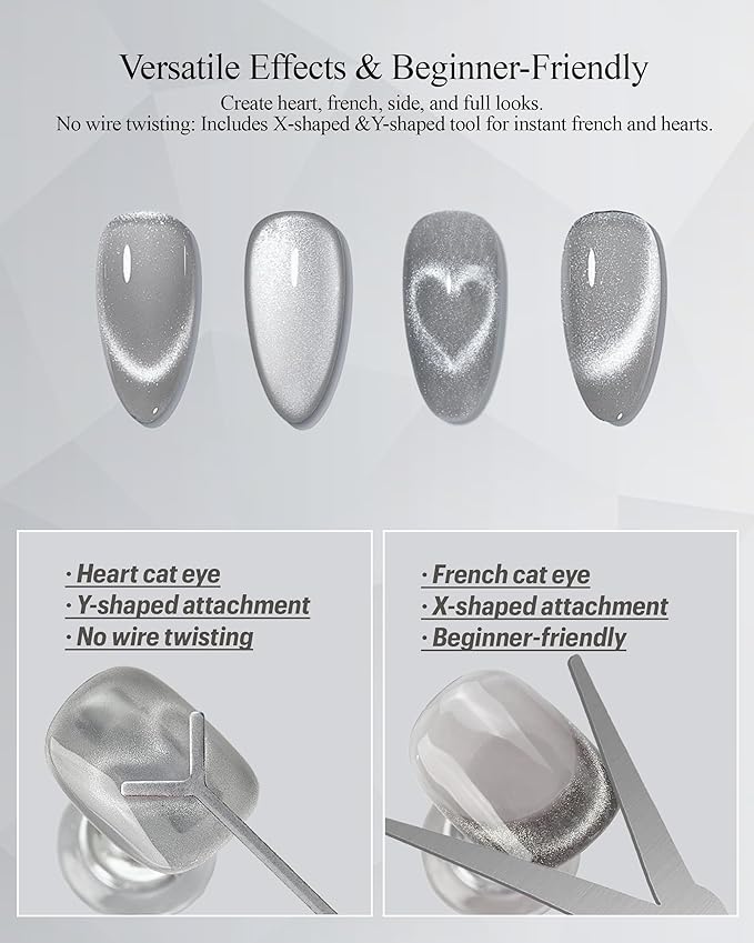 4-Piece Cat Eye Magnet Set with Case – Heart-Shaped & French-Shaped Magnets for Nail Art, Cat Eye Magnet Art Tool, 3-in-1 Magnetic Pen for Salon Professionals & Home DIY, Silver
