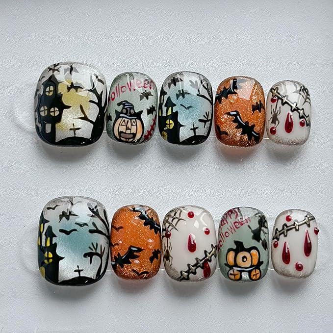 Luxury Halloween Press on Nails Short Square Handmade 3D Unique Reusable ABS Material Fake Nails Cute False Nails with Designs Pumpkin Spider Web Glossy Glue on Nail Thick Acrylic Nail(S)