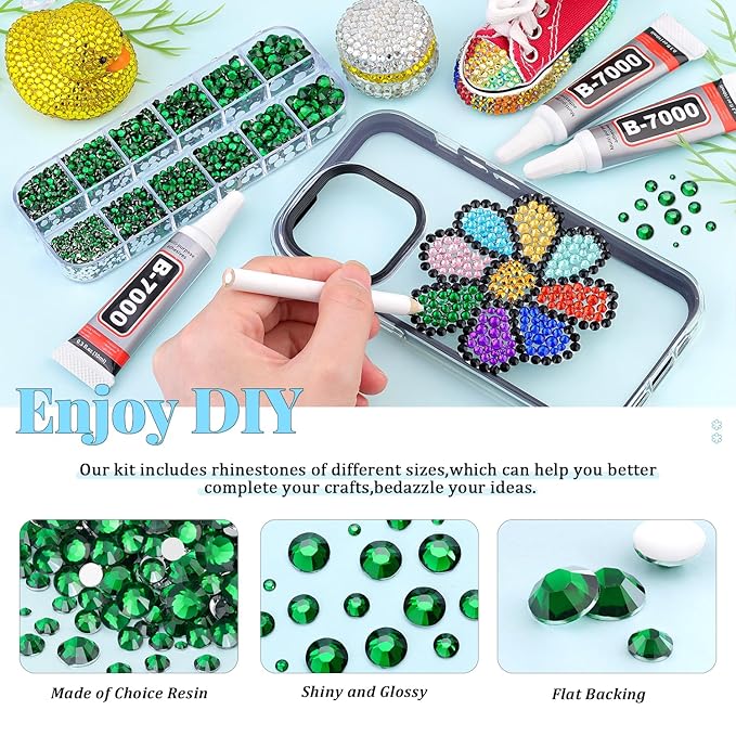 12000Pcs Resin Rhinestones for Bedazzling with 3Pcs B7000 Jewelry Glue, 2 Boxes Emerald Green Flatback Rhinestones for Crafting Crafts DIY, Crystals Gems for Clothing Shoes Tumblers Nail Art Makeup