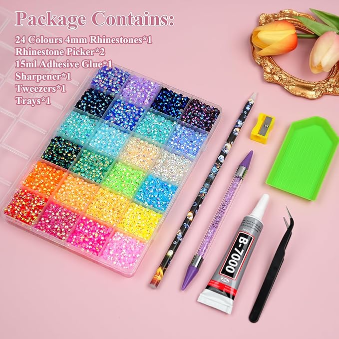 Resin Jelly Rhinestones for Bedazzling, EARLMONI Multi Colord Bedazzler Kit with 15ml B7000 Glue Rhinestone Pen Tool for Clothes Nail Art (B 24 Colors, 4MM)