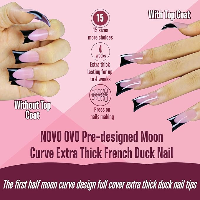 NOVO OVO Halloween Black French Tip Duck Feet Nail Tips Full Cover for Press on Acrylic with Moon Curve, Thick Medim Pre-Etched Matter Flare Wide Soft Gel Fake False Nail Extension x 15 Sizes 150 pcs