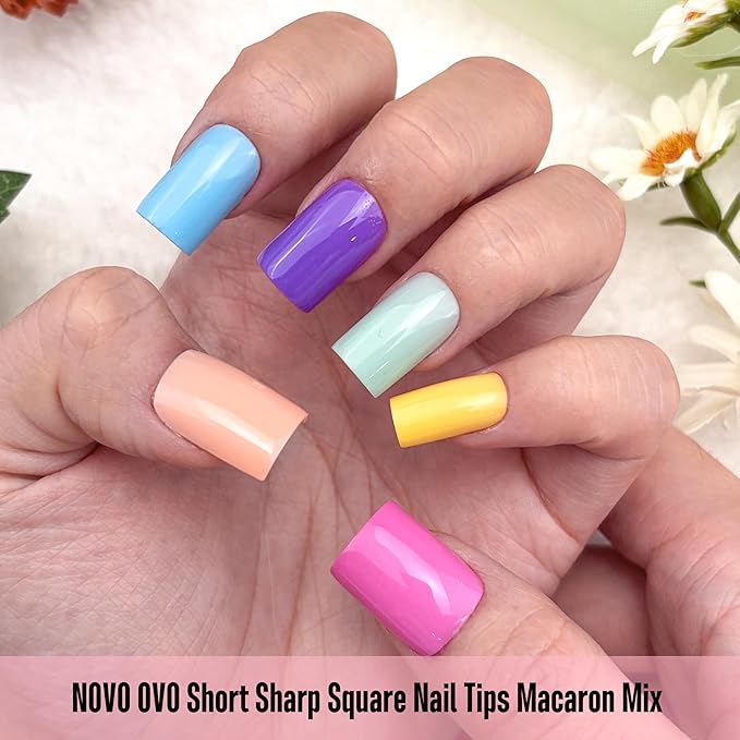 NOVO OVO Pastel Nail Tips Press on Macaron Color Colorful 6 Mix Dopamine Shades, Short Sharp Square Soft Gel Matte Thick False Nail Extension, Full Cover Acrylic for Salon DIY x 15 Sizes 180 pcs