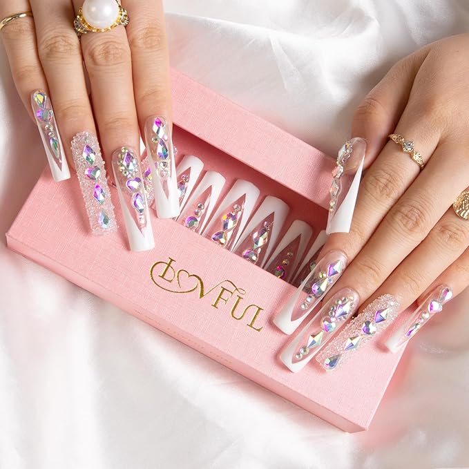 LOVFUL Press on Nails Aurora Light | Handmade with Full Covered Crystals | Reusable Fake Nails | Square Mid length 1.7in | H36-S