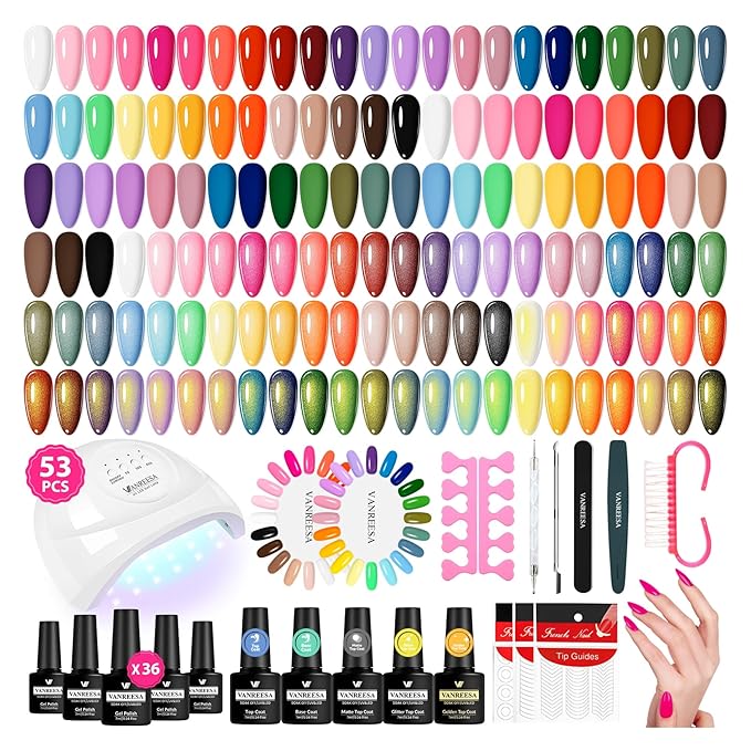 VANREESA Gel Nail Polish Kit with U V Light 53 Pcs Gel Polish Nail Set 36 Popular Colors Nail Polish Set + Base and 4 Effects Top Coat with Manicure Tools Complete Nail Kit Gifts for Women Girls