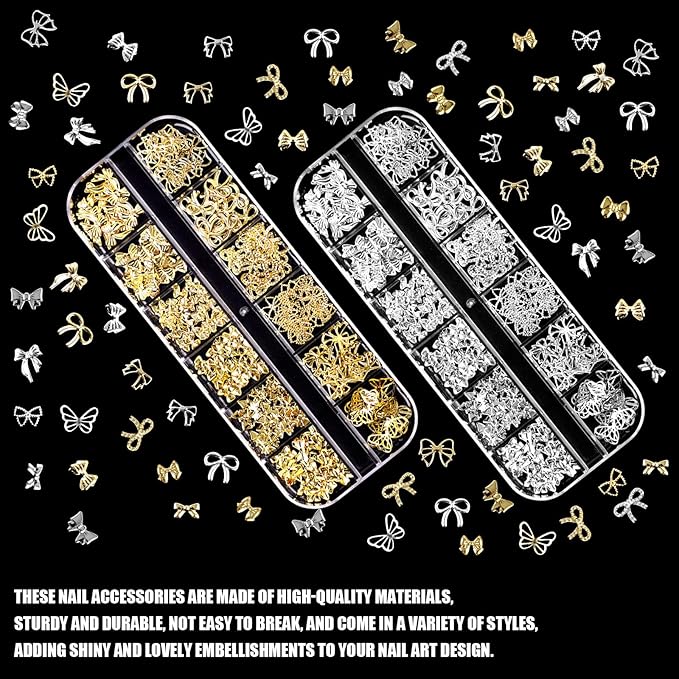 Gold Silver 3D Nail Charms, 2Boxes 24Grids Bow Star Nail Gems Nail Studs,Punk Metal Alloy Rivet Stickers Bowknot Nail Art Decorations Accessories for Nail Art Design DIY Crafts (Gold Silver C)