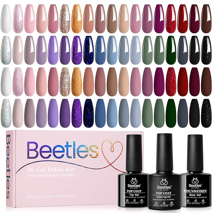 Beetles Gel Nail Polish Set 36 Colors Nail Gel Polish Kit Burgundy Red Blue Green Brown Gold Glitter Pink with Base Top Coat UV LED Needed Manicure Gifts for Women Neutral Elegance