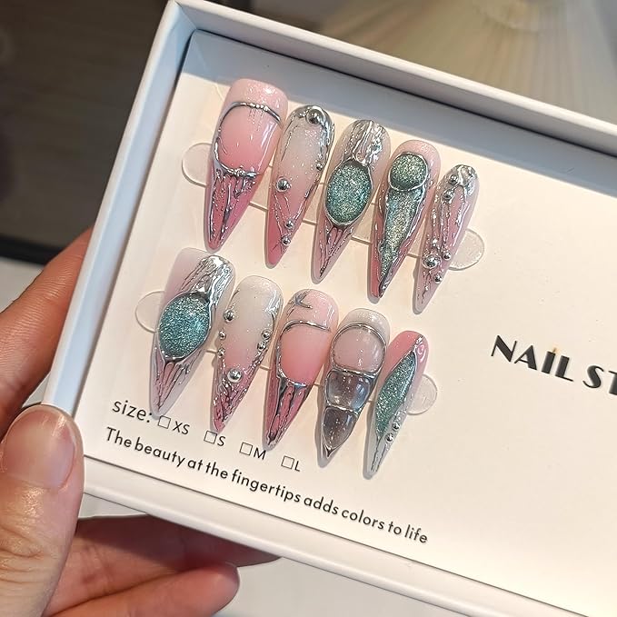Long Stiletto Press on Nails,Pink-Silver Holographic Gradient Hand-Painted Moons Fake Nails with 10pcs Tools,3D Cat Eye Glitter False Nails,Edgy Meteors Design Sweet-Edge Metal Nails(L)